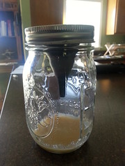 pint sized mason jar with black funnel inverted into jar and jar ring screwed on with yellow liquid in bottom of jar