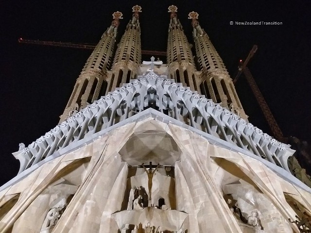 Passion façade of the Sagrada Família at night, Barcelona, Spain