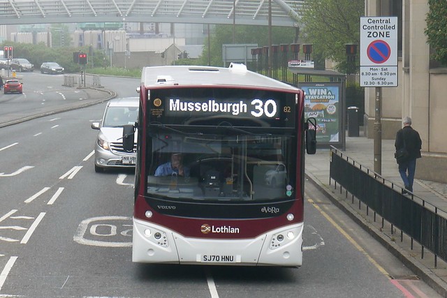 Lothian Volvo B8RLE MCV eVoRa SJ70HNU 82 operating service 30 to Musselburgh at Western Approach Road on 31 May 2021.