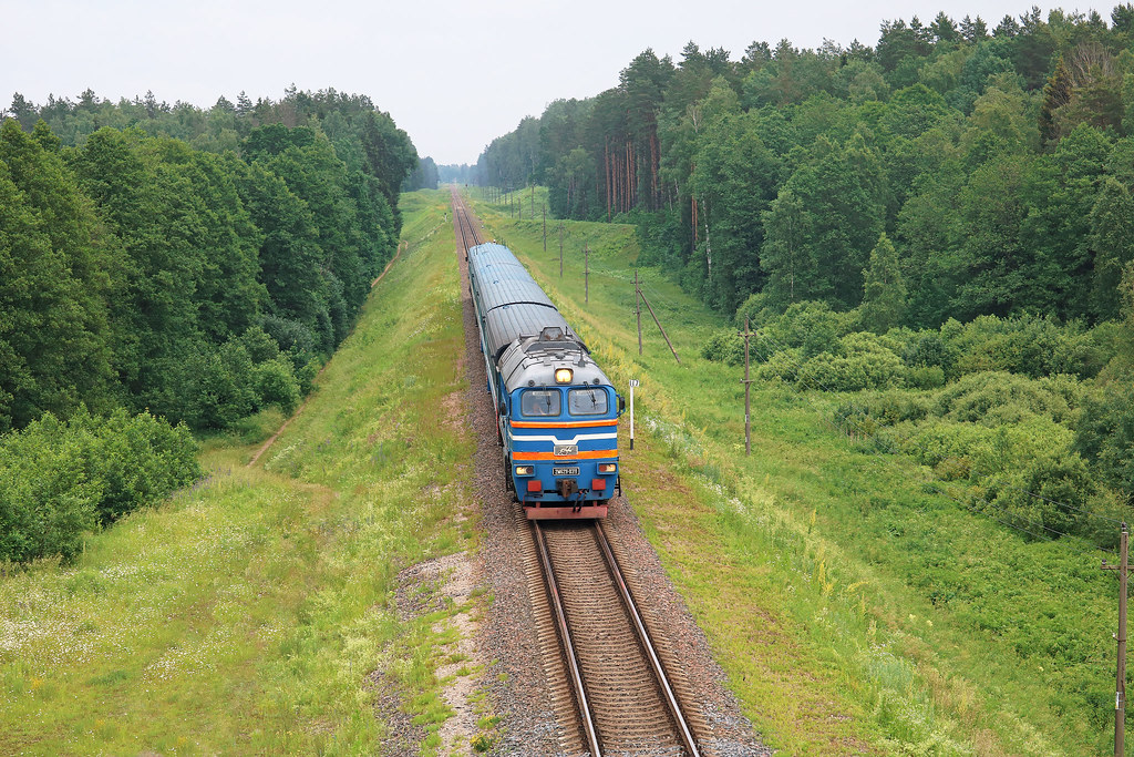 Тепловоз 2М62У-0311 в составе дизель-поезда на перегоне Голынец/Вендриж.