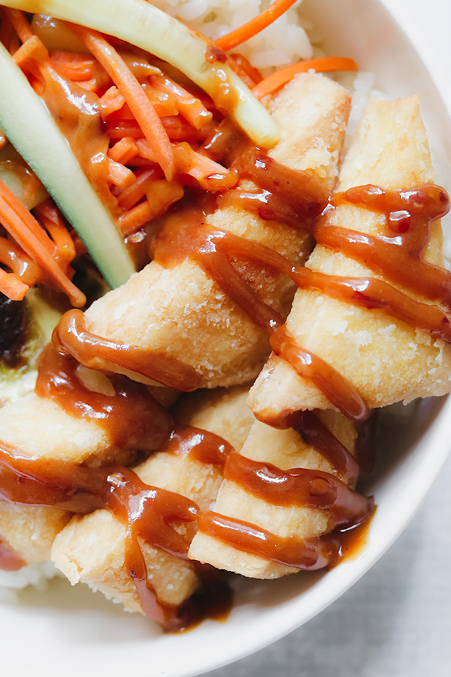 Crispy Tofu Buddha Bowls with Peanut Sauce and Quick-Pickled Veggies