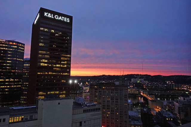 Sunset over K&L Gates Center as seen from our room at Embassy Suites by Hilton Pittsburgh Downtown at 535 Smithfield St in Pittsburgh, PA