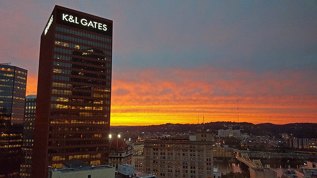 Sunset over K&L Gates Center as seen from our room at Embassy Suites by Hilton Pittsburgh Downtown at 535 Smithfield St in Pittsburgh, PA