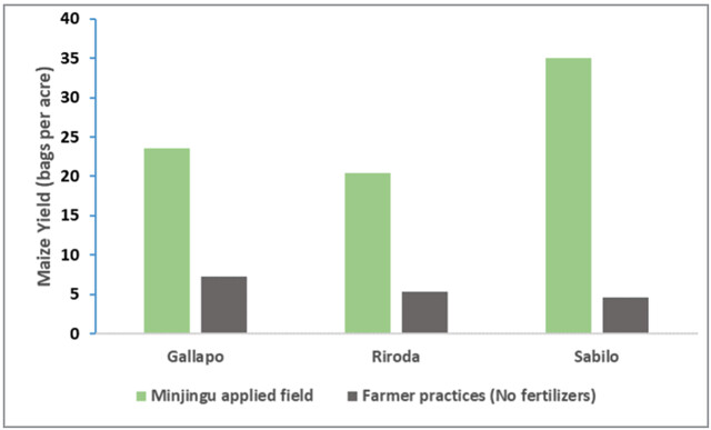 Maize grain yield following proper spacing and Minjingu fertilizer application in three agro-ecologies of Babati Tanzania.