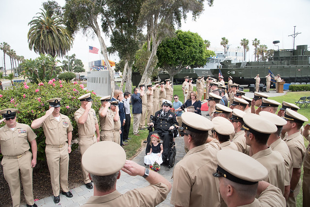 EODCS Kenton Stacy receives departure honors during his retirement ceremony at Naval Amphibious Base Coronado, Calif.