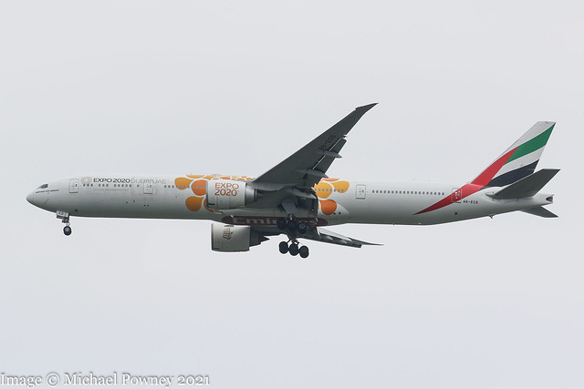A6-ECD - 2007 build Boeing B777-36NER, on approach to Manchester , still with Dubai Expo logos