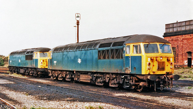 BR Class 56 locomotives Nos 56067 and 56063 stabled in Westhouses TMD Yard on 25th September 1983