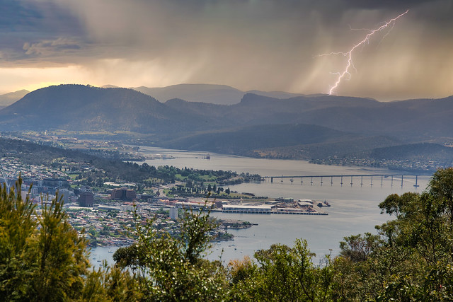 Storm and lightning on horizon in Hobart