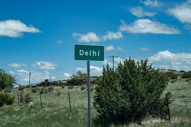 Sign for Delhi, Colorado, a ghost town along the old Santa Fe Trail