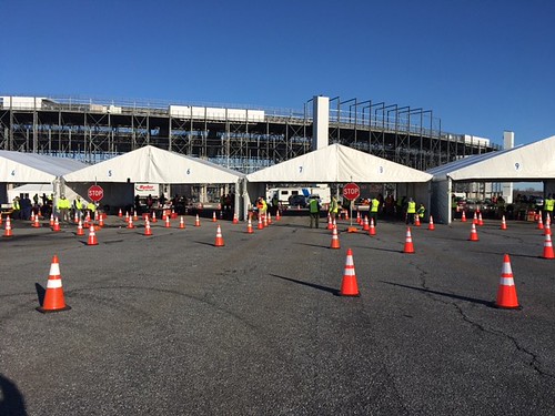 Photo of tents set up outside a stadium