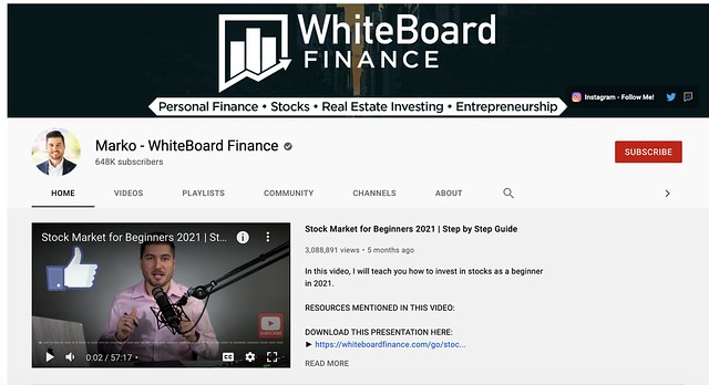 Screenshot of Marko - WhiteBoard Finance's YouTube page.