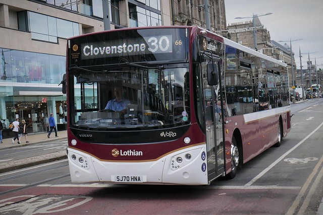 Lothian Volvo B8RLE MCV eVoRa SJ70HNA 66 operating service 30 to Clovenstone at Princes Street on 10 May 2021.
