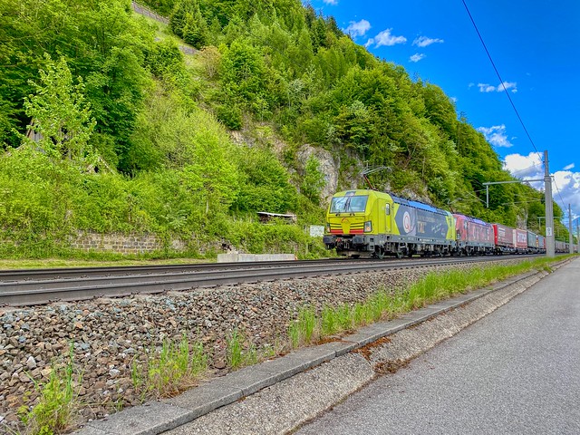 Freight train with two Siemens Vectron locomotives near Kufstein in Tyrol, Austria