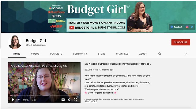 Screenshot of Budget Girl's YouTube homepage - Bad with Money? These YouTubers can Help!