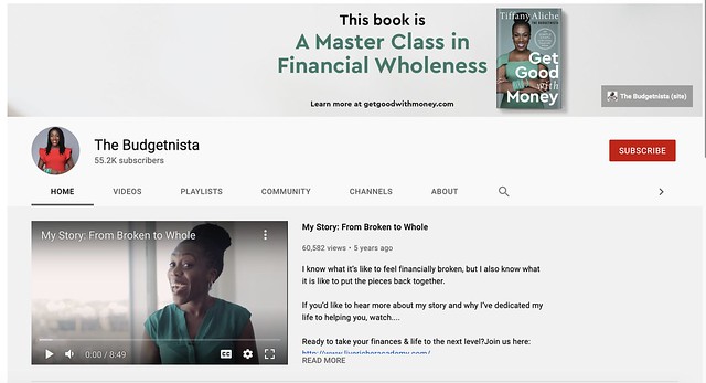 Screenshot of The Budgetnista's Youtube home page