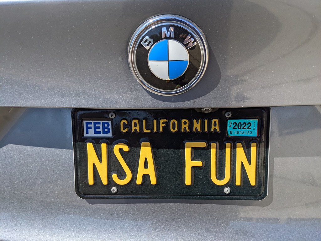 NSA FUN custom plates, BMW, Sunset Junction, Silver Lake, Los Angeles, California, USA