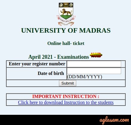 University of Madras Hall Ticket