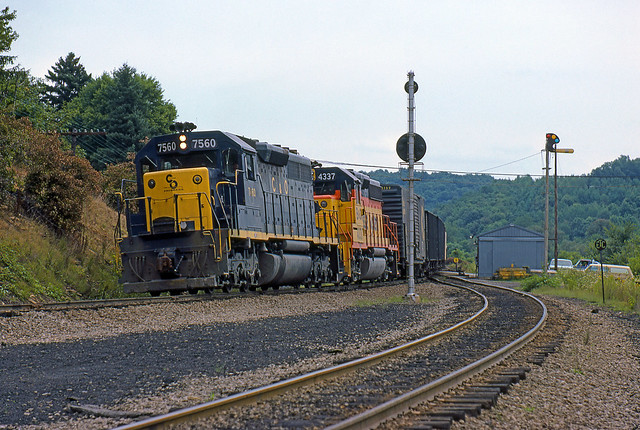 19790825 Chesapeake & Ohio SD40 No. 7560 on Point of a Baltimore & Ohio Railroad Manifest Freight at WS Tower in East Butler PA