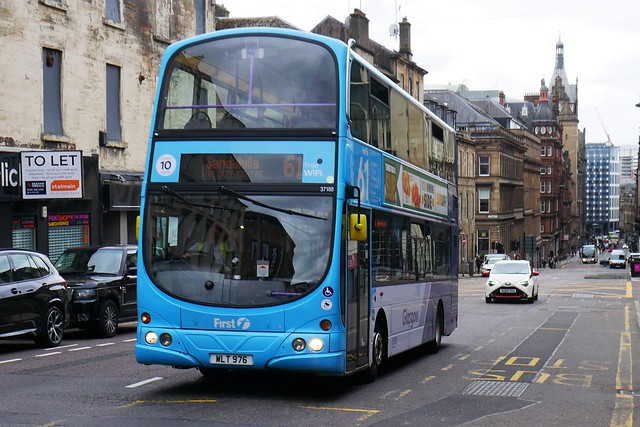 First Glasgow Volvo B9TL Wright Eclipse Gemini WLT976 37188, new as SF07FCC, in route 61 livery, operating service 61 to Sandyhills at Hope Street on 15 June 2021.