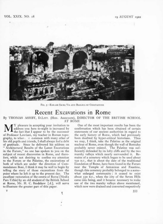 RARA 2021. Dr. Thomas Ashby - British School of Rome, "Recent Excavations in Rome." Comments by Prof. R. Lanciani; in: JRIBA Vol. XXIX / No. 18 (19 August 1922): 553 - 571 [PDF]. Foto: "Giacomo Boni, dall' alto Palatino," Roma (1922).