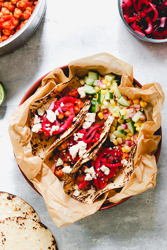 Chickpea Tinga Tacos with Hibiscus-Pickled Onions and Queso Fresco