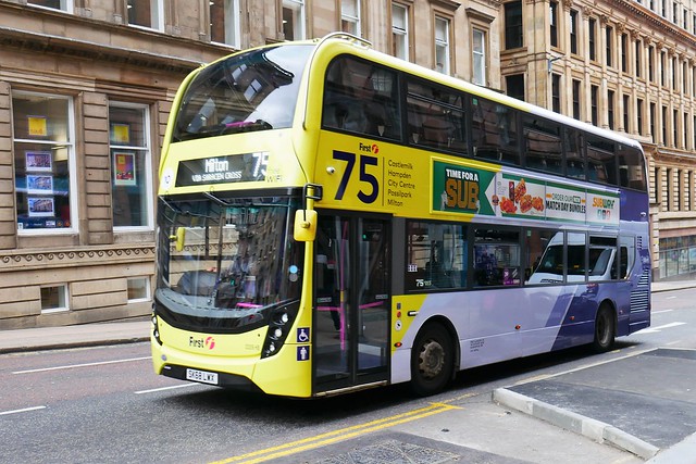 First Glasgow AD E40D Alexander Dennis Enviro 400MMC SK68LWX 33209, in route 75 livery, operating service 75 to Milton at Hope Street on 15 June 2021.