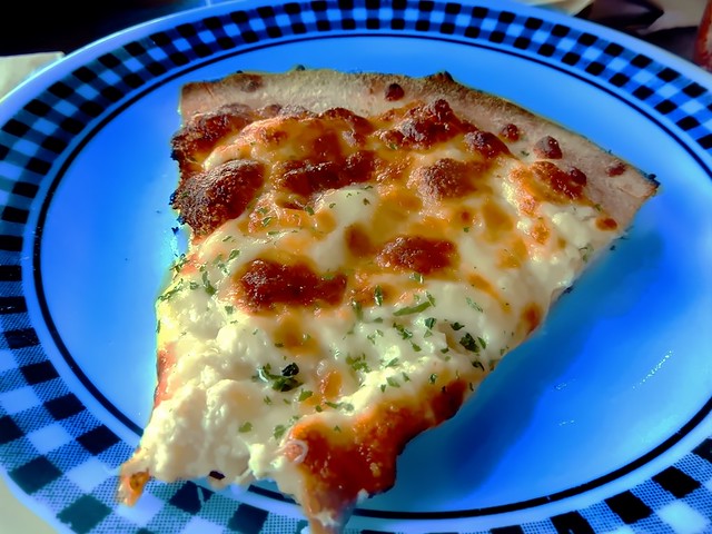 White Pizza On Blue Plate - Photo Taken by STEVEN CHATEAUNEUF In Maine On June 6, 2021 - This Photo Was Edited On June 21, 2021