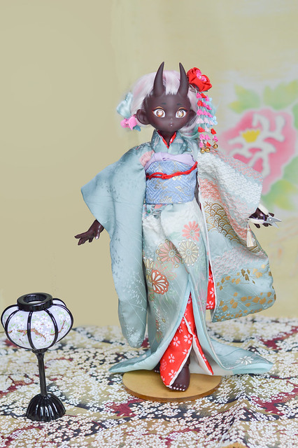 Handmade teal kimono and red plum blossoms. Studio Bitamin Enkiri.