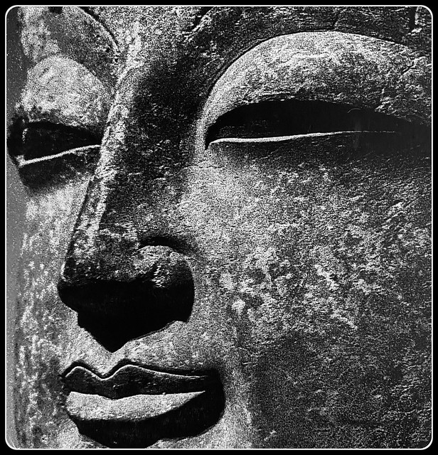 Buddha Face Close-up in Black and White