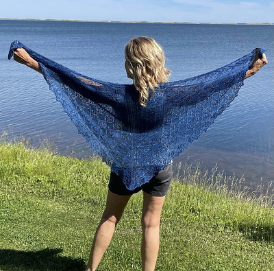 Debbie (@love.knit.spin.weave) finished and blocked this stunning Victoria Park Evening Shawl by Troy Martin in the Island Knits book from Belfast Mini Mills in PEI.