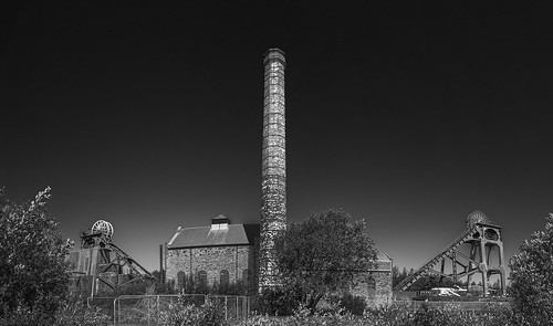 landscape derbyshire pleasley pleasleypitcountrypark minebuildings disused chimney blackwhite monochrome