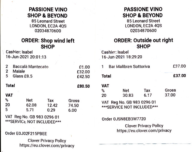 IMG_0002 Passione Vino Italian Restaurant and Wine Shop 2 X Malale £16 each Five glasses of House wine £8.50 each One Bottle of Malibran Sottoriva Prosecco natural method cloudy light dry refreshing authentic Italian sparkling wine £37 Total bill £117.50