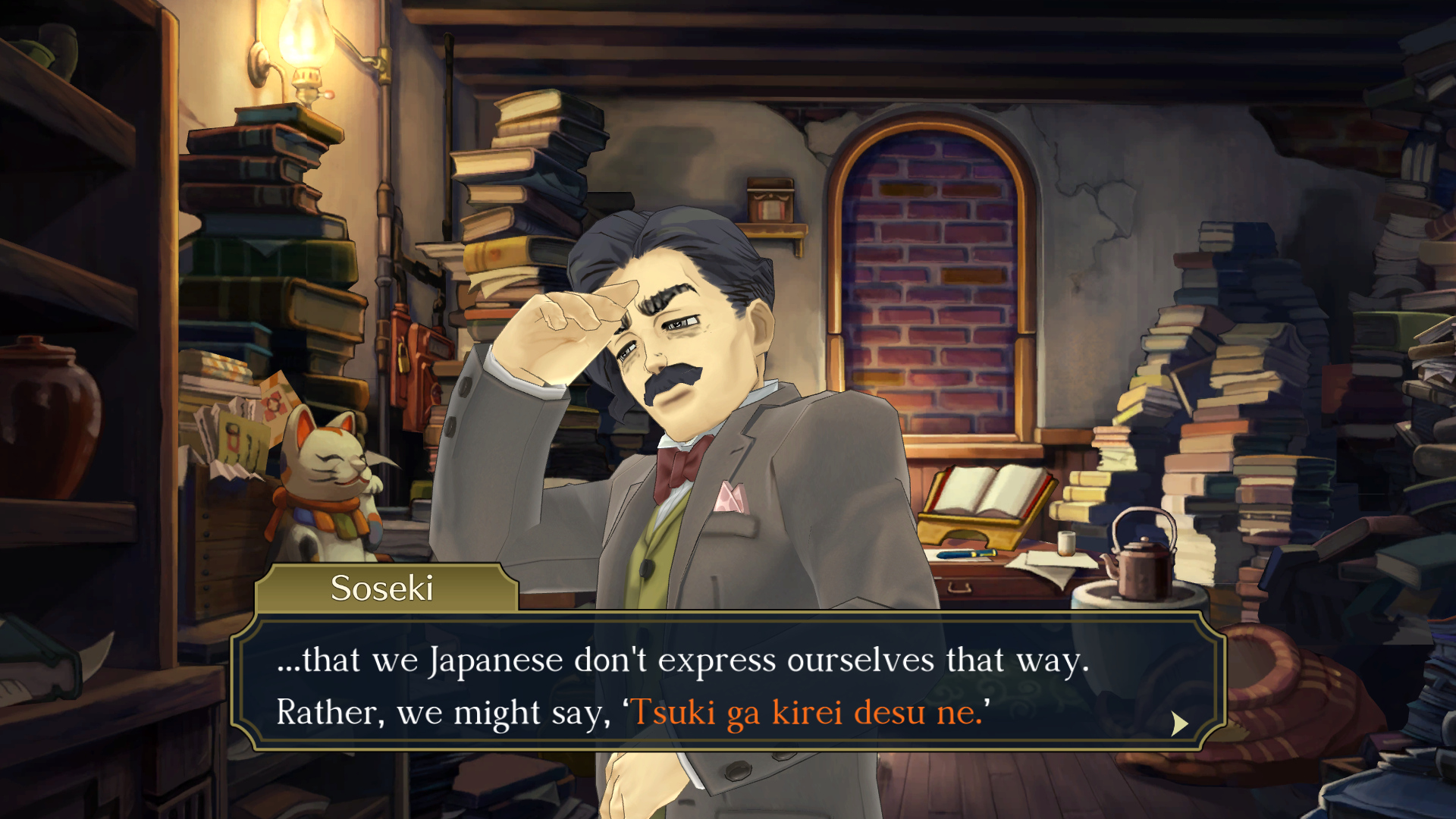 The Great Ace Attorney Chronicles - Soseki says: "...that we Japanese don't express ourselves that way. Rather, we might say, 'Tsuki ga kirei desu ne.'"