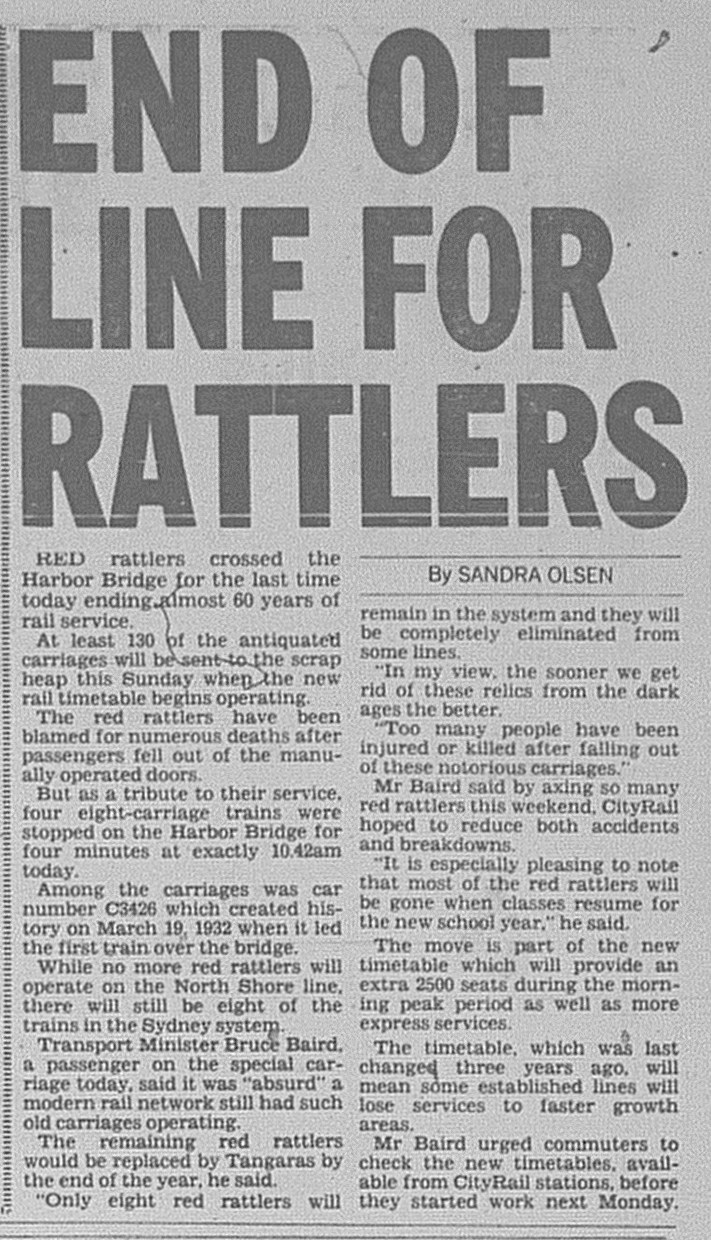 Red Rattlers stop crossing harbour bridge January 10 1992 Daily Telegraph 9