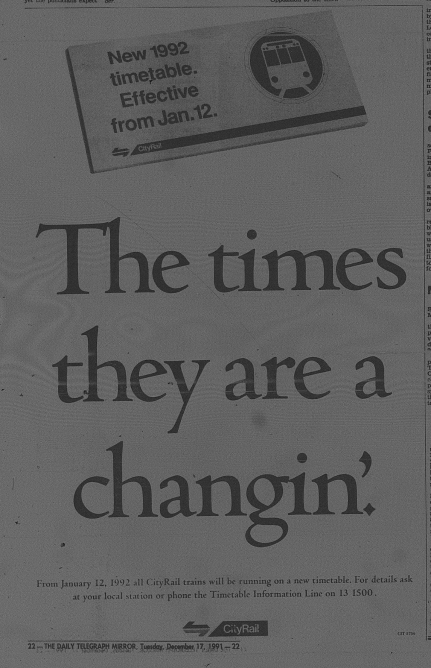 Cityrail 1992 Timetable Ad December 17 1991 daily telegraph 22