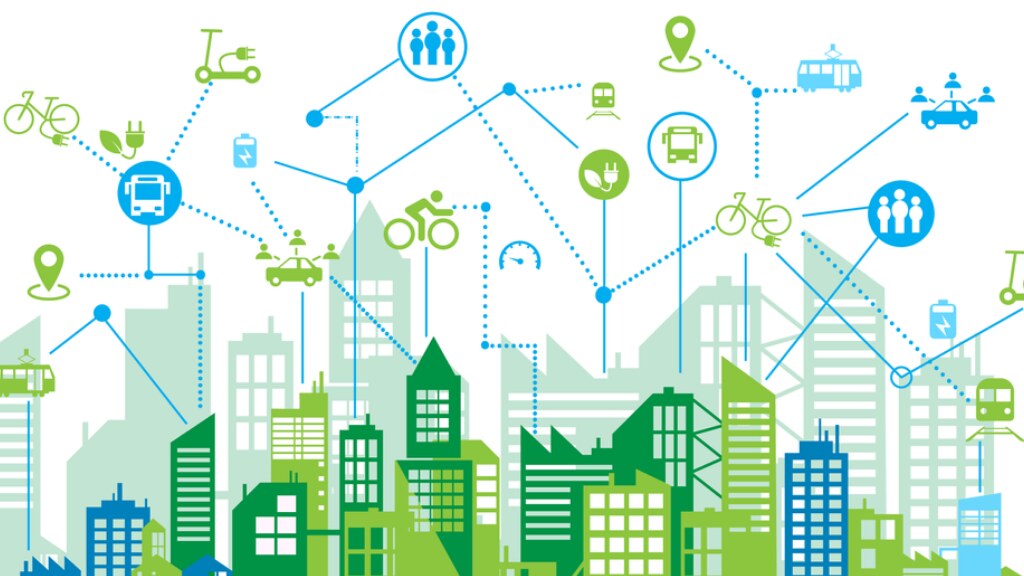 A conceptual graphic of a city and sustainable transport