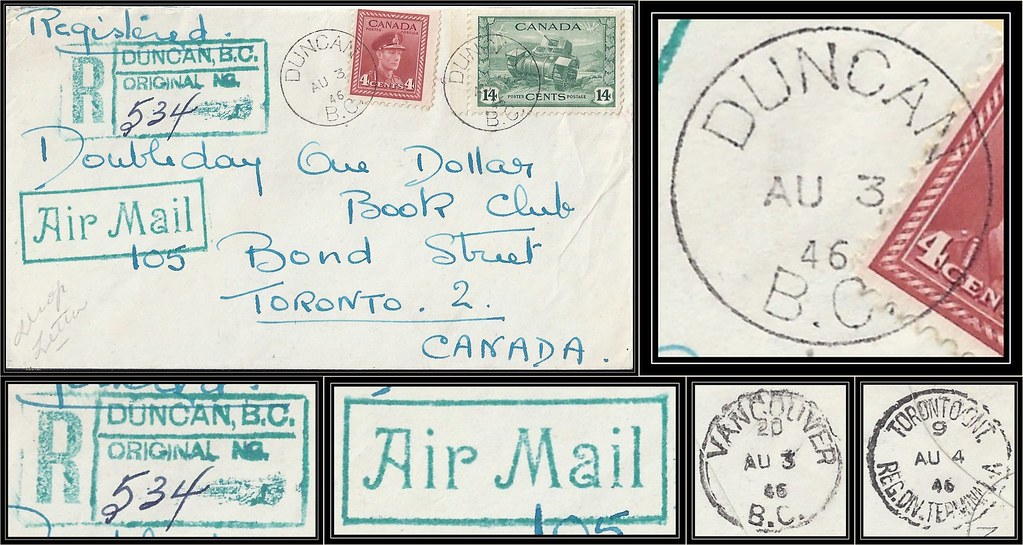 British Columbia / B.C. Postal History / Registered Air Mail - 3 / 4 August 1946 - DUNCAN, B.C. (cds cancel / postmark) to Toronto 2, Ontario, Canada via Vancouver, B.C.