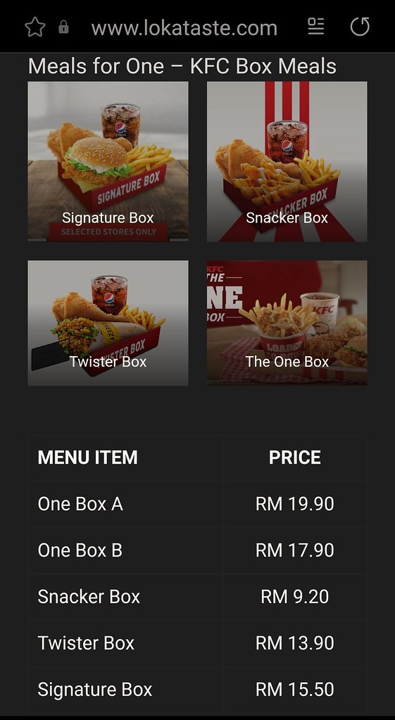 肯塔基雞肉漢堡和炸雞套餐 Signature Box rm$15.50 @ KFC Petronas Federal Highway Drive Thru