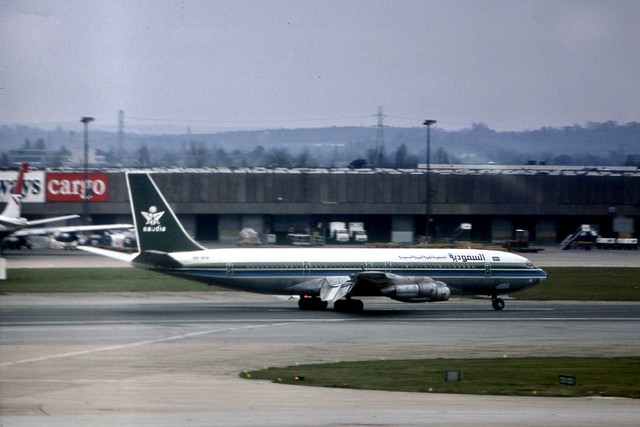 HZ-ACH Saudia Boeing 707-368C touches down on runway 28L at London Heathrow