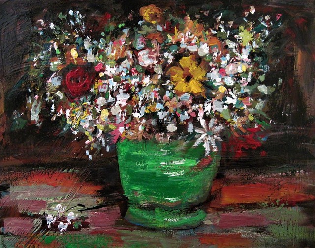 Flowers In A Green Pot.