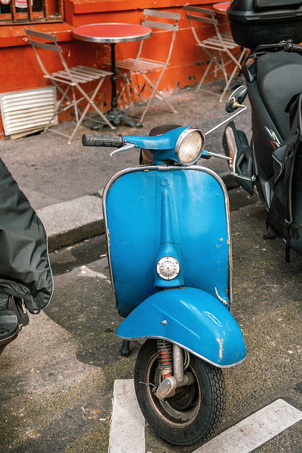 Blue scooter in the Sorbonne district in Paris - France