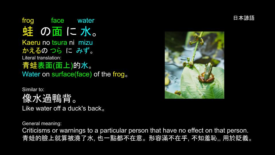 諺語 Proverbs: 蛙の面に水 (かえるのつらにみず) Kaeru no tsura ni mizu