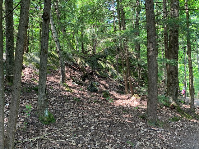 Family having a nice walk on a path in forest with very large rocks to the side of the trail in Silent Lake Provincial Park , Martin’s photographs , Bancroft , Ontario , Canada , July 5. 2021