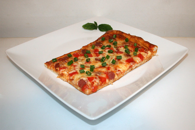 Pizza with salami, onion & bell pepper - Side view