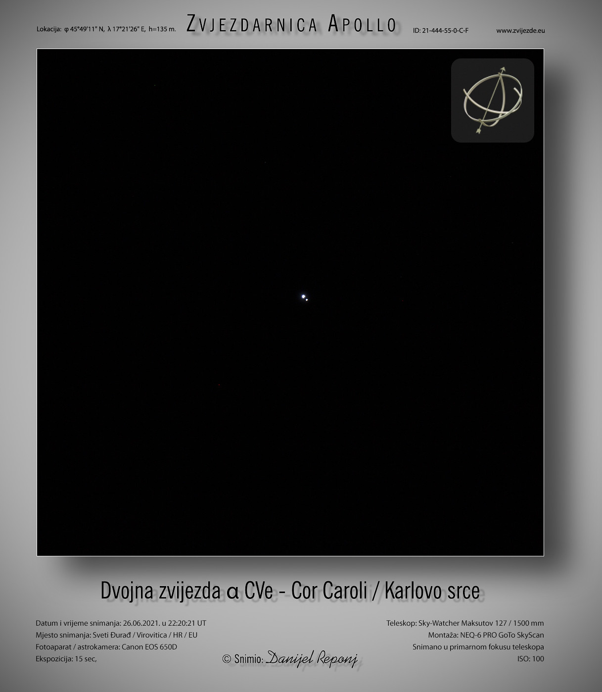 Dvojna zvijezda α CVe - Cor Caroli, 26.6.2021.