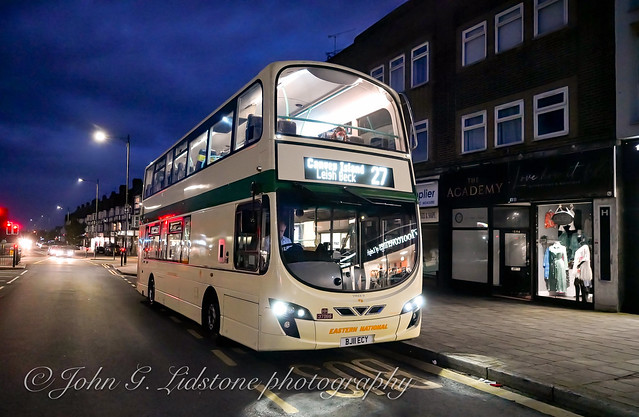The magnificent heritage Eastern National 'White Lady' 1968 X10 double-decker coach livery First Essex (Hadleigh) Volvo B9TL / Wright Gemini 2 HH 37986, BJ11 ECY on late-night 27 waiting time