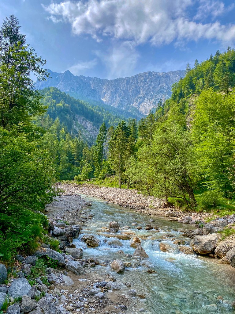 Kaiserbach creek in the Kaiser valley with Wilder Kaiser mountain range near Kufstein in Tyrol, Austria