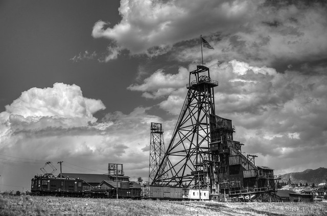 Copper Mining Headframe and Electric Locomotive Train - Butte, Montana