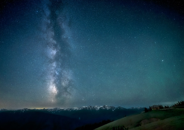 The Milky Way over the Hurricane Ridge Visitor Center in Olympic National Park, Olympic Peninsula, Washington State