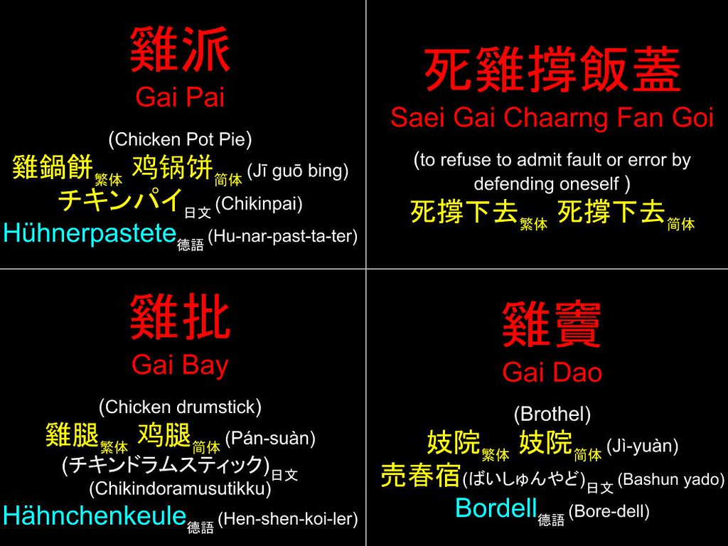 香港粵語 Hong Kong Cantonese : 雞派 死雞撐飯蓋 雞批 雞竇